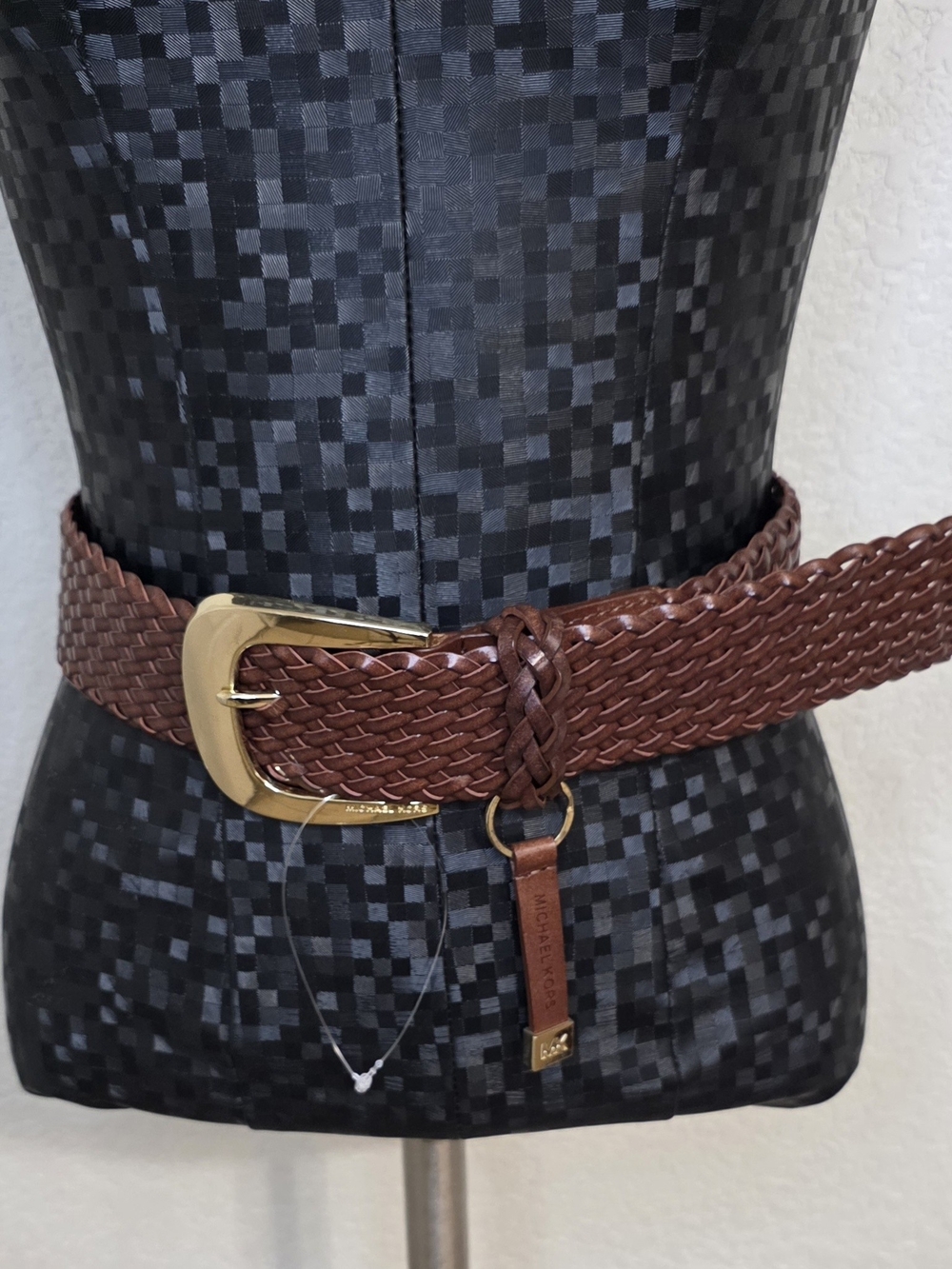 Michael Kors Brown Woven Leather Belt with Gold Buckle